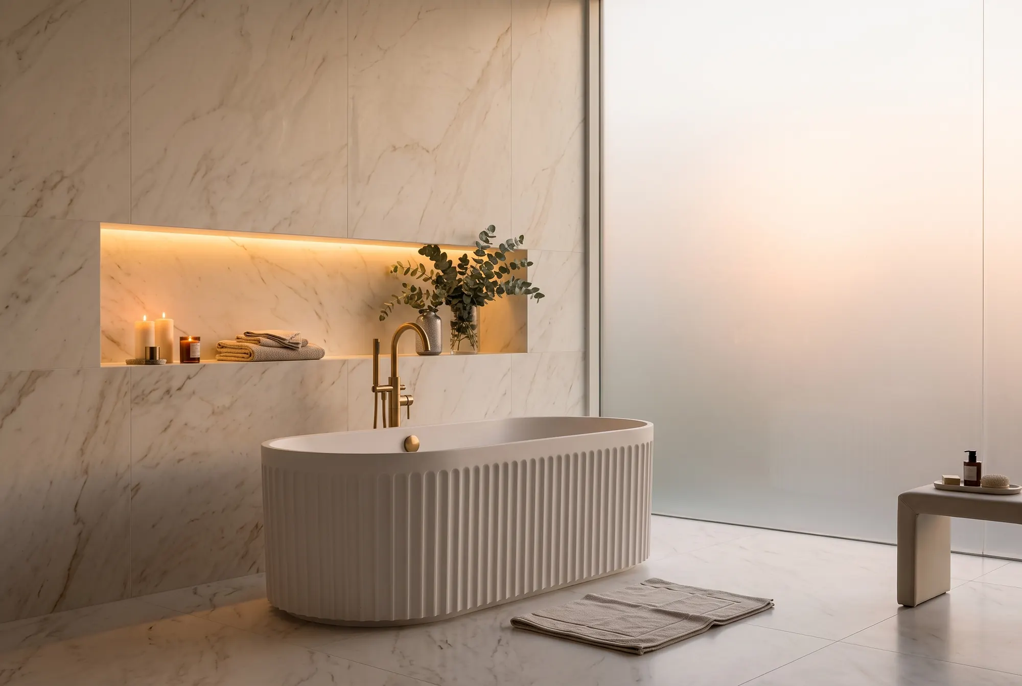 Bathroom: Quiet marble. Soft niche light and a sculpted tub.