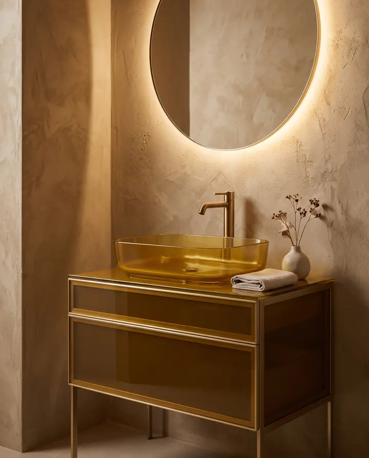 Bathroom: Mustard. Yellow glass, brass and plaster.