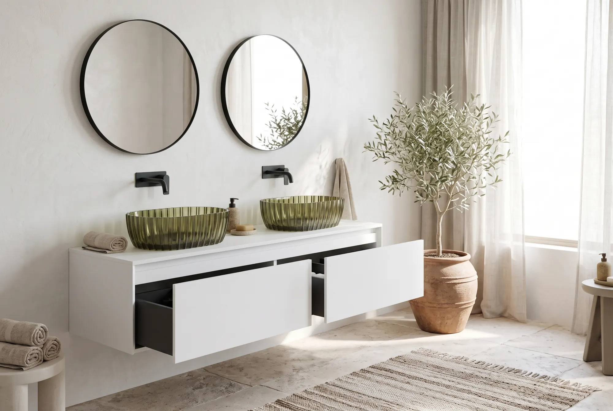 Bathroom: Olive. Fluted green vessels on white.
