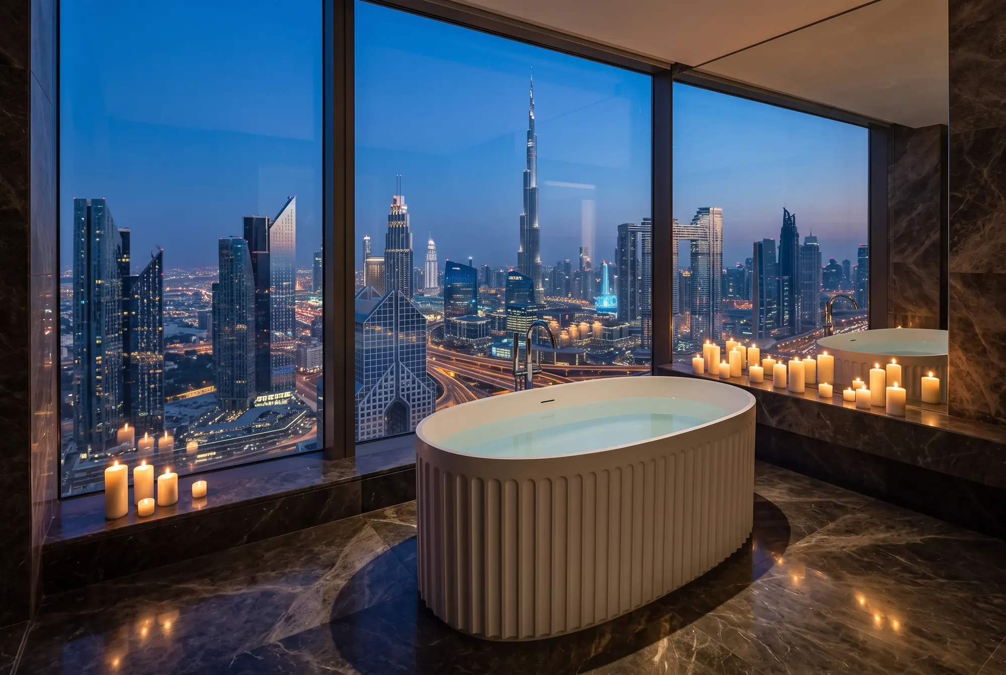 Bathroom: Blue hour. The skyline from the bath.