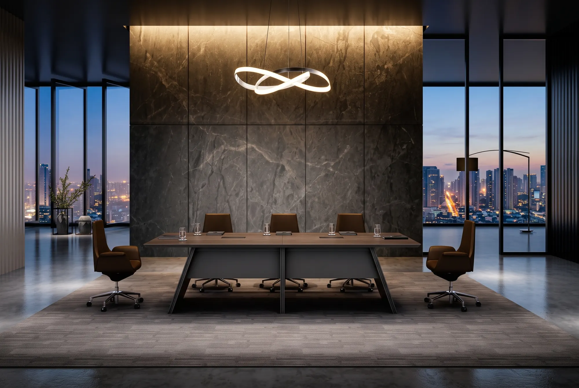 Office: After hours. Stone, light and a city at dusk.