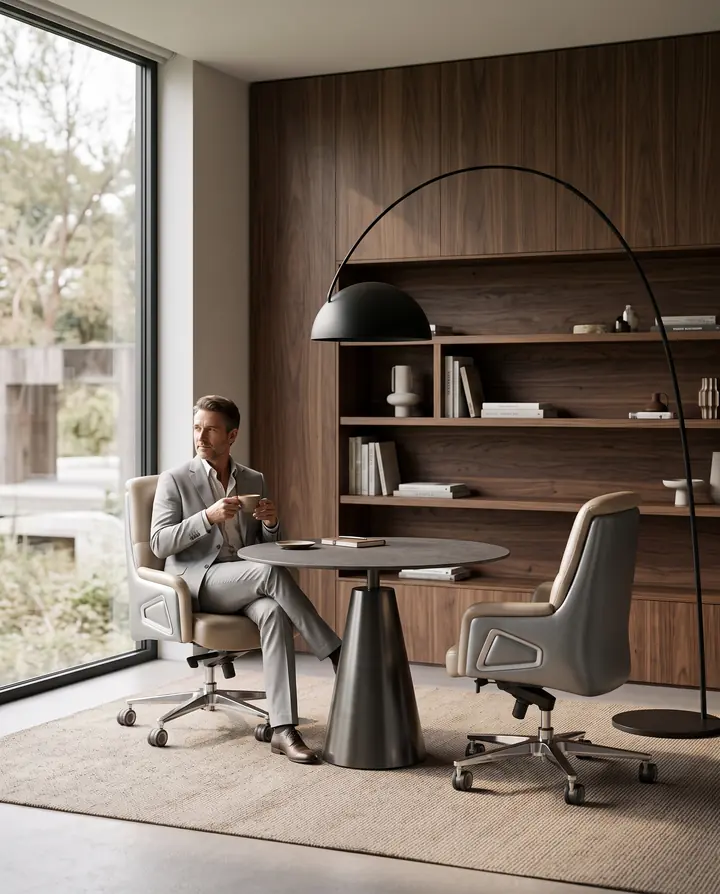 Office: One on one. A round table by the window.