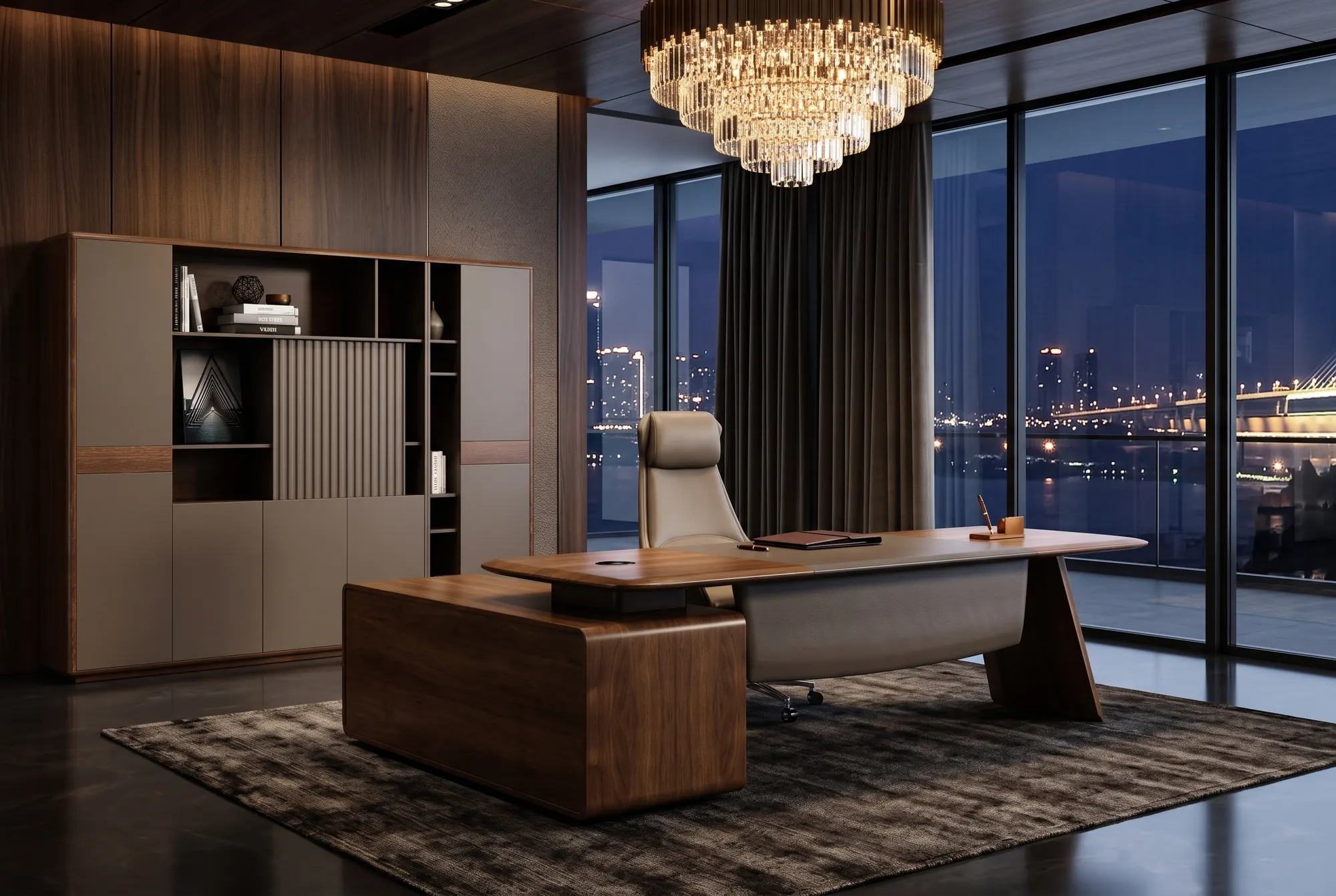 Office: Walnut and leather. A private office at night.