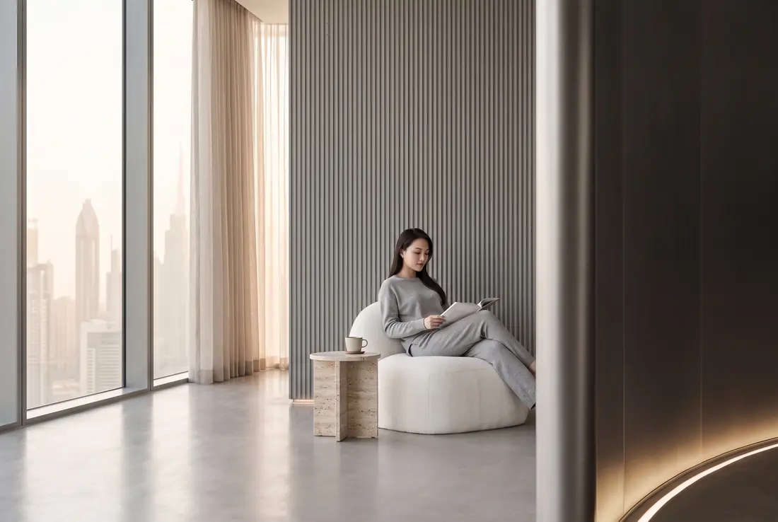 Wall panels: Quiet lounge. Grey ribs and a boucle pouf.