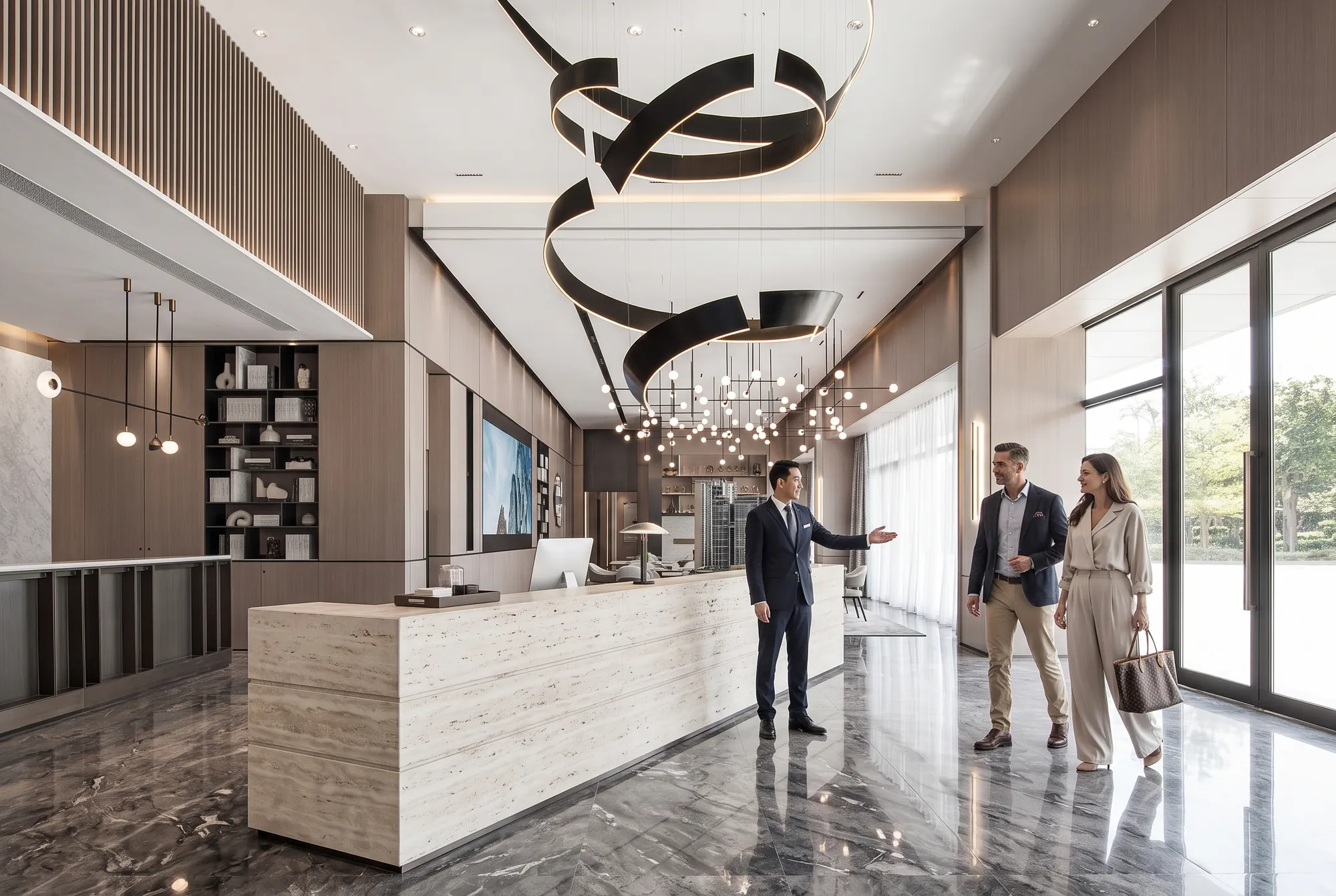 Wall panels: The lobby. Warm wood-grain ribs through a double-height entrance.