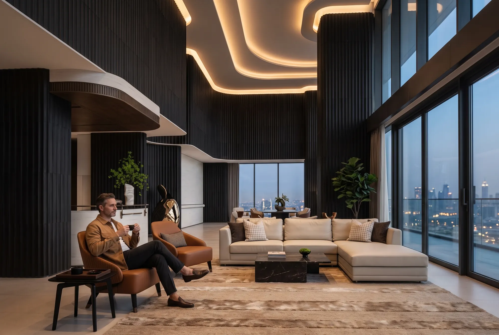 Wall panels: After dark. A black fluted lounge, leather and cove light.