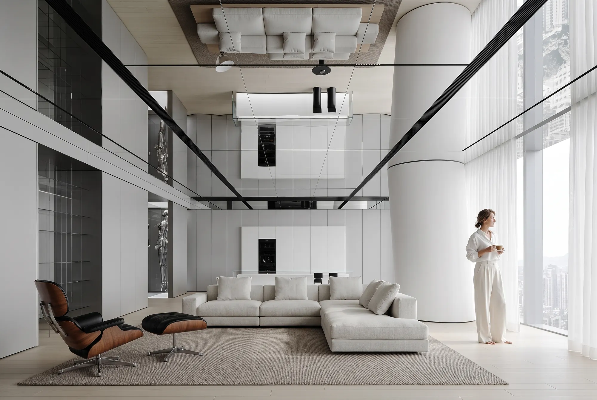 Wall panels: White penthouse. Light panels and a double-height window.