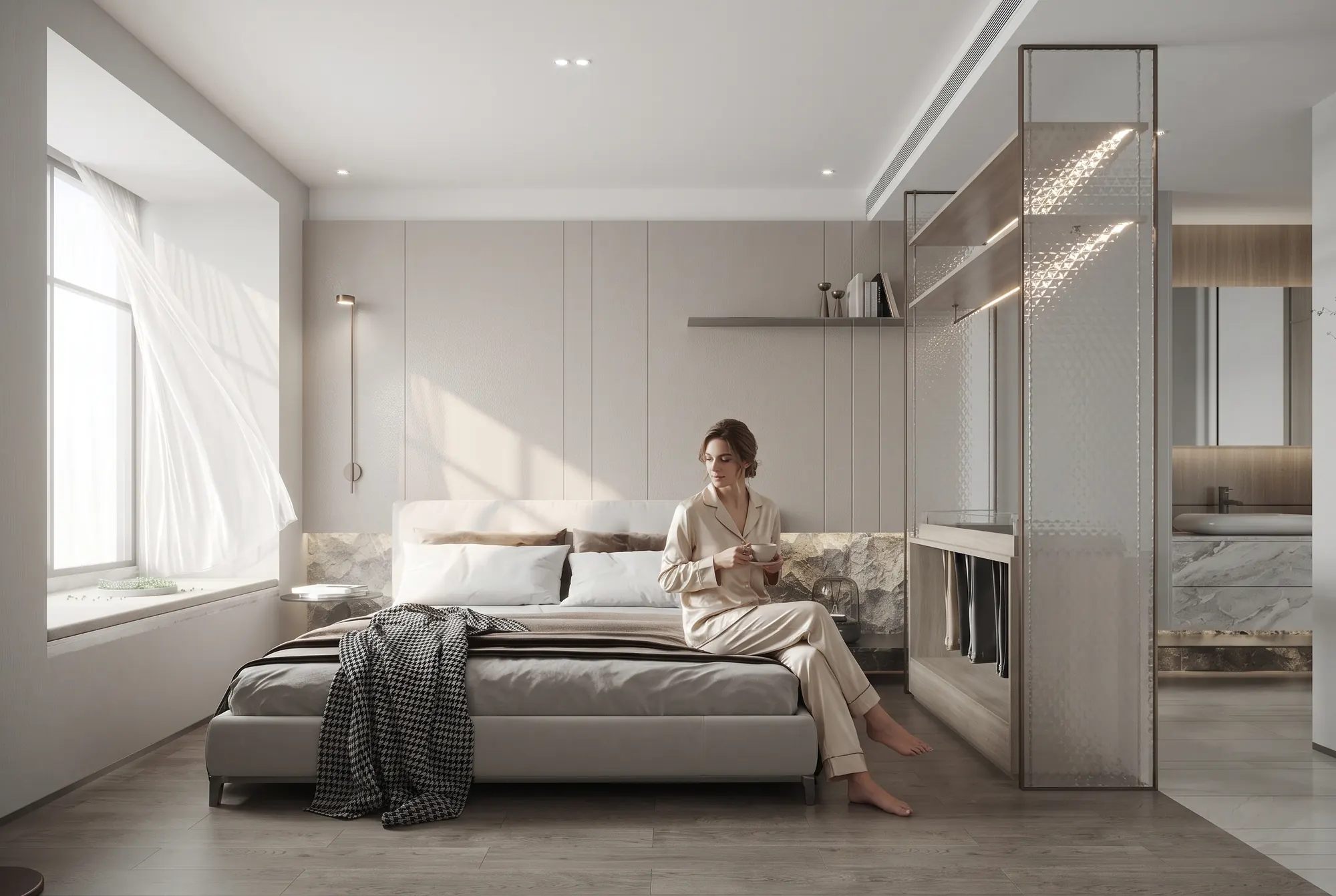 Wall panels: Master suite. Pale greige panels behind the bed.
