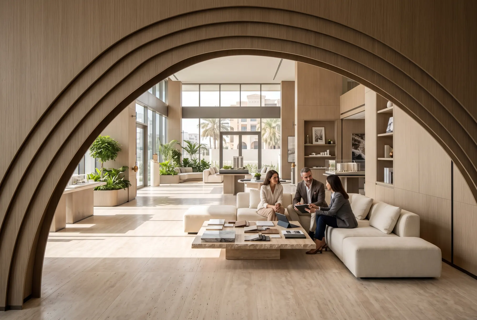 Wall panels: Arches. Layered wood-grain arches in a sales lounge.