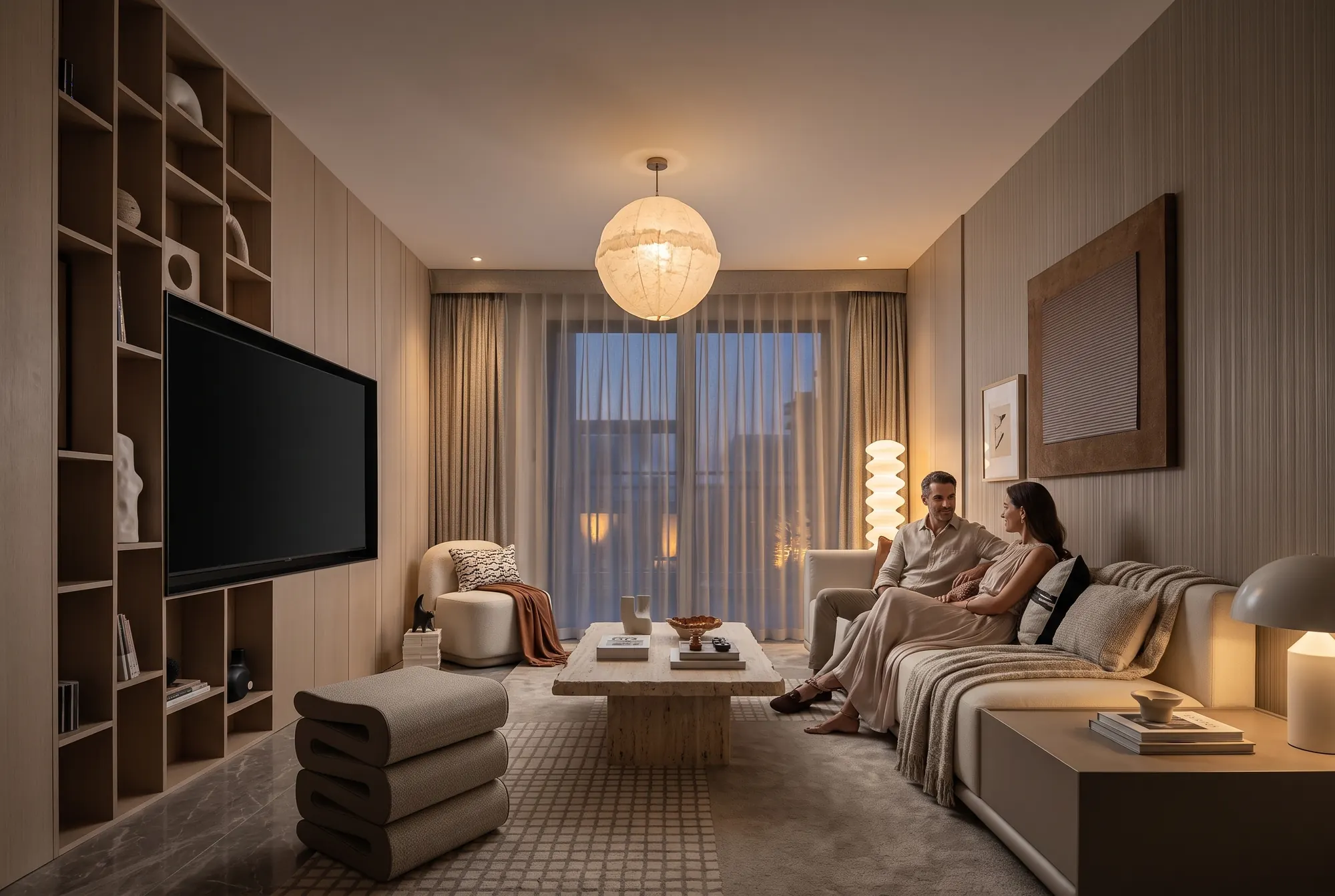 Wall panels: Family room. Panels, shelving and the TV wall as one surface.