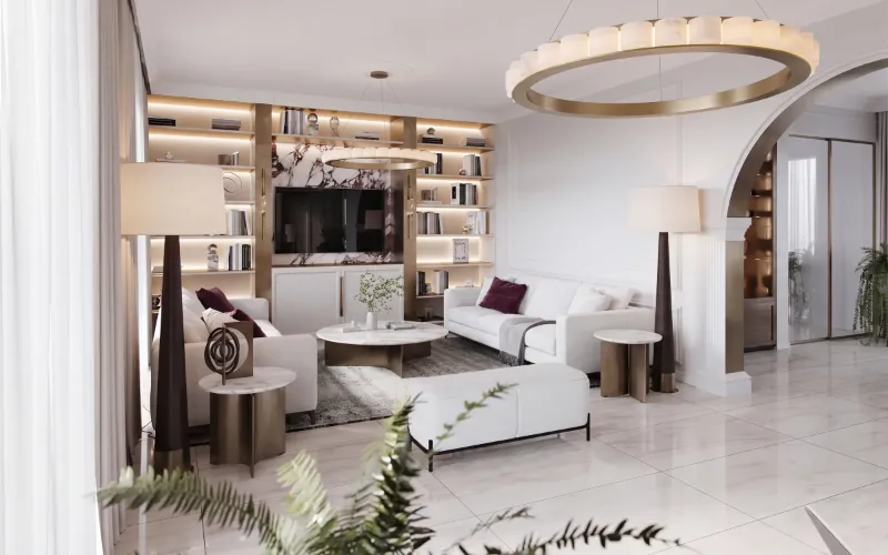 Living room with the arched passage to the stair hall, styled with DA Living: BRC21023 marble coffee and side tables, garland alabaster ring pendant