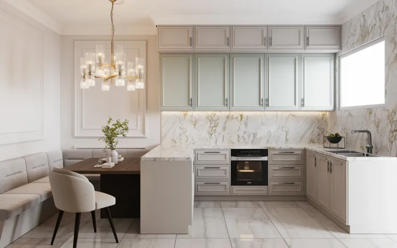 Kitchen with a breakfast banquette