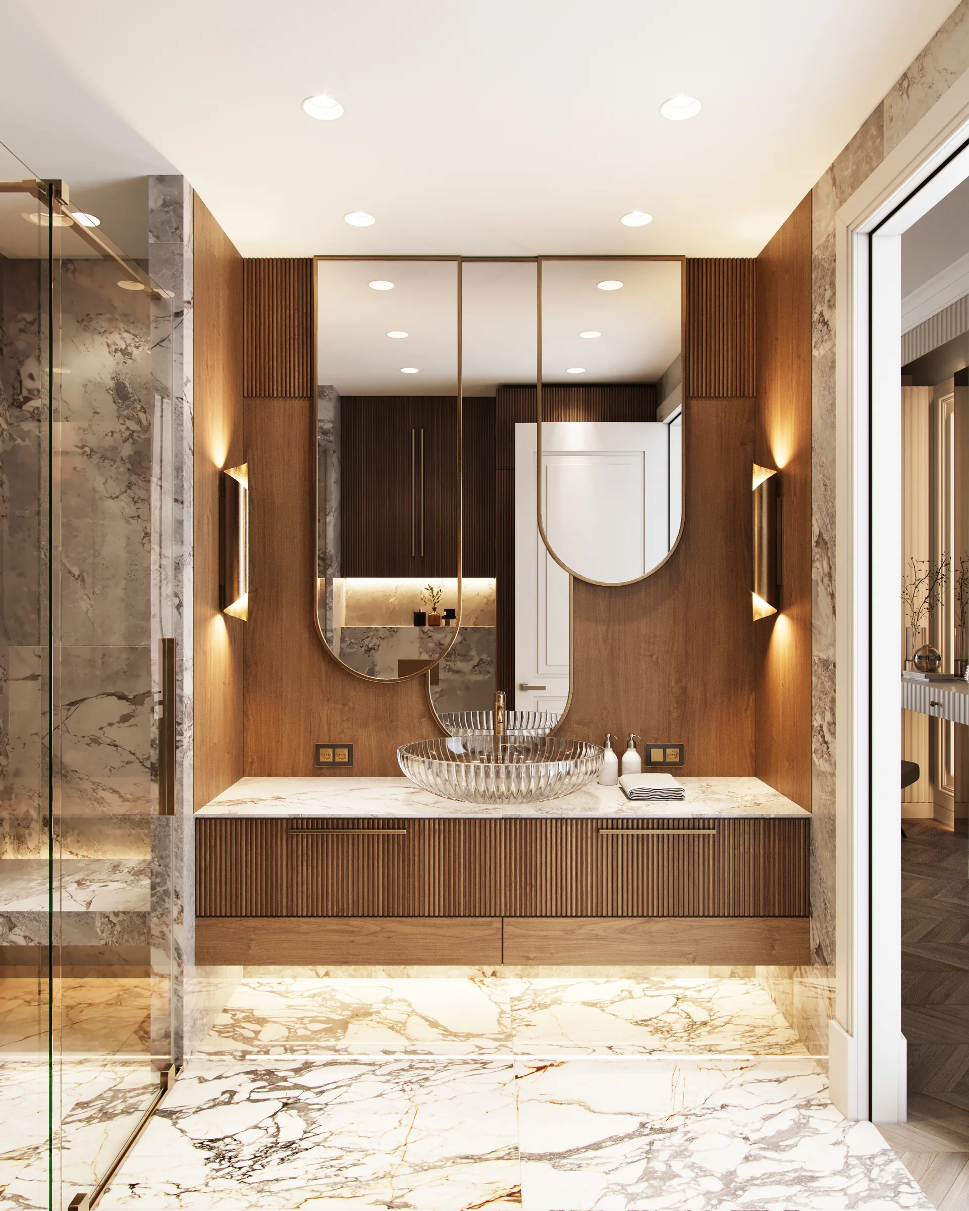 After: Master bathroom in marble and walnut. Strip-out shown as a visualisation