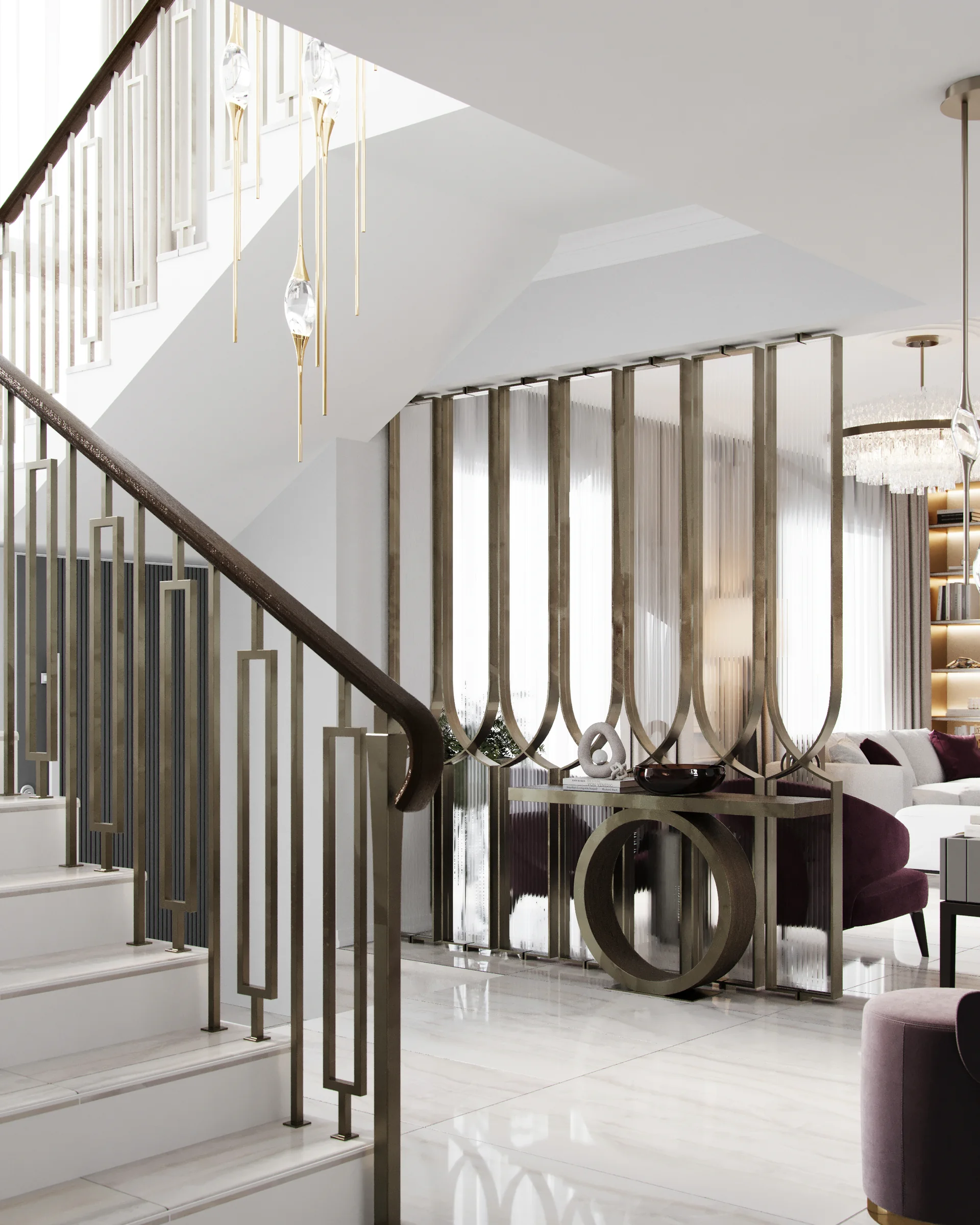 After: Stair hall with a new balustrade and brass screen. Before shown as a visualisation