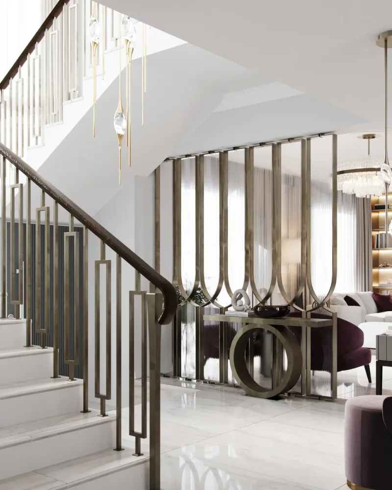 Stair hall with a new balustrade and brass screen