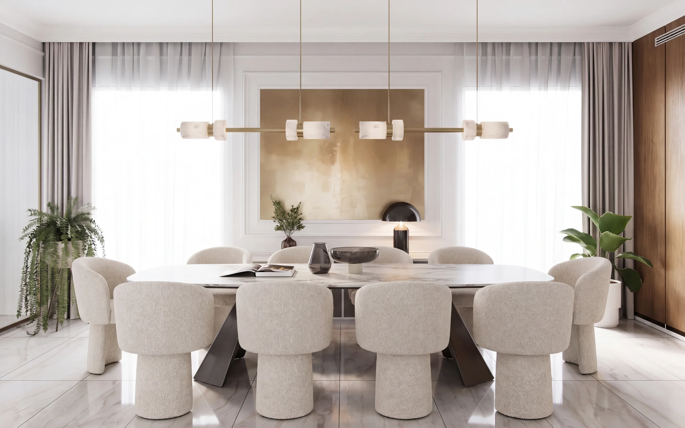 After: Dining room styled with DA Living: BRT21021 marble table, GY149 boucle chairs, 2238 alabaster pendants. Before shown as a visualisation