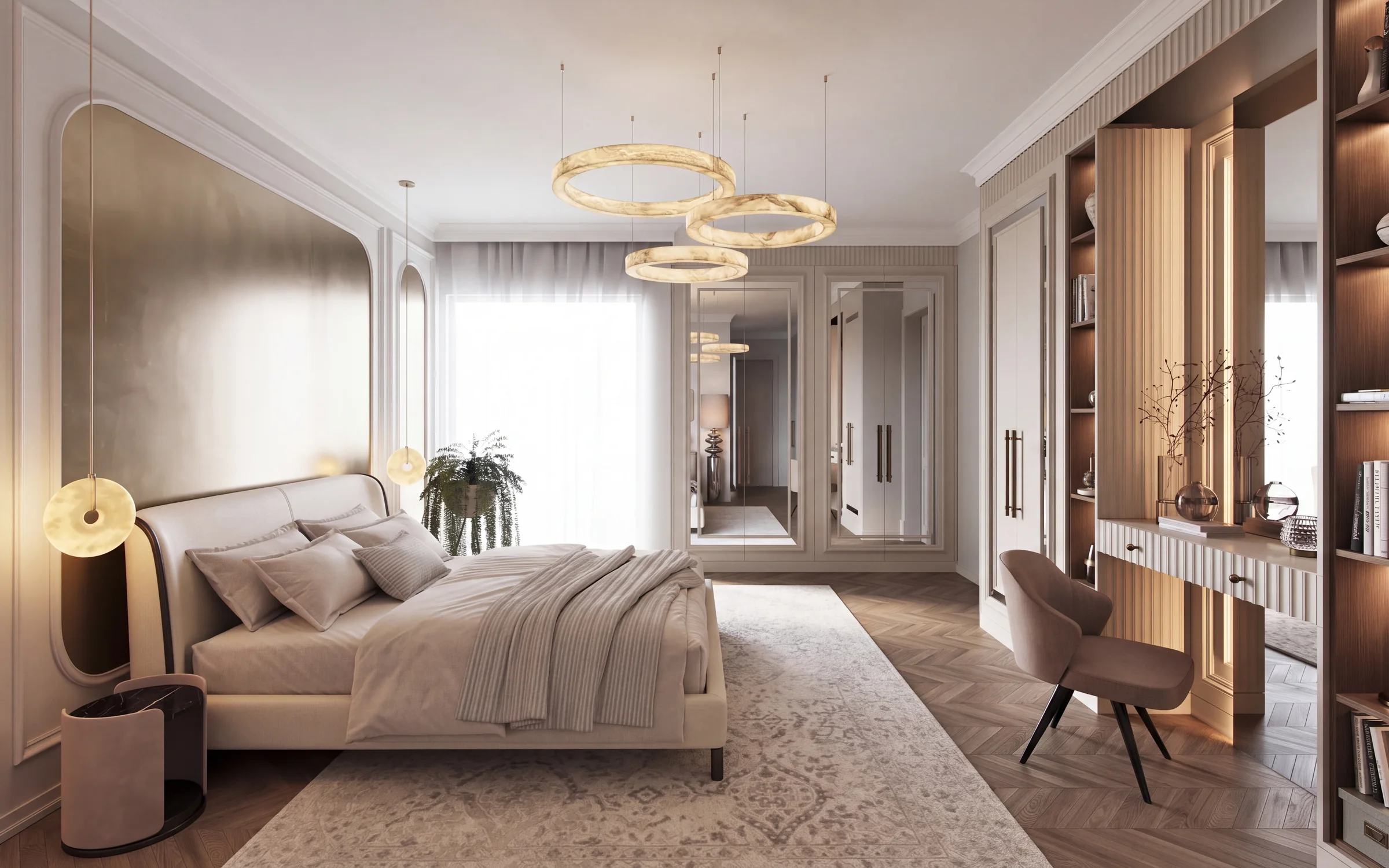 After: Master suite styled with DA Living: WA3018 bed, alabaster ring pendants, jade bell lights. Before shown as a visualisation