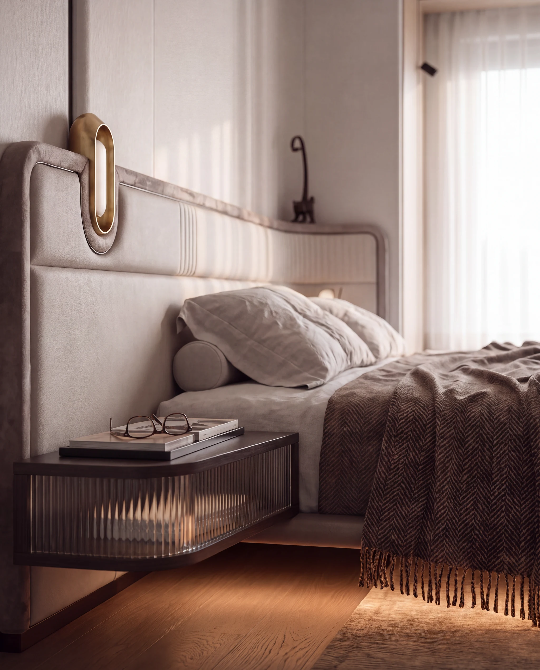 Detail: fluted glass, brass and herringbone wool
