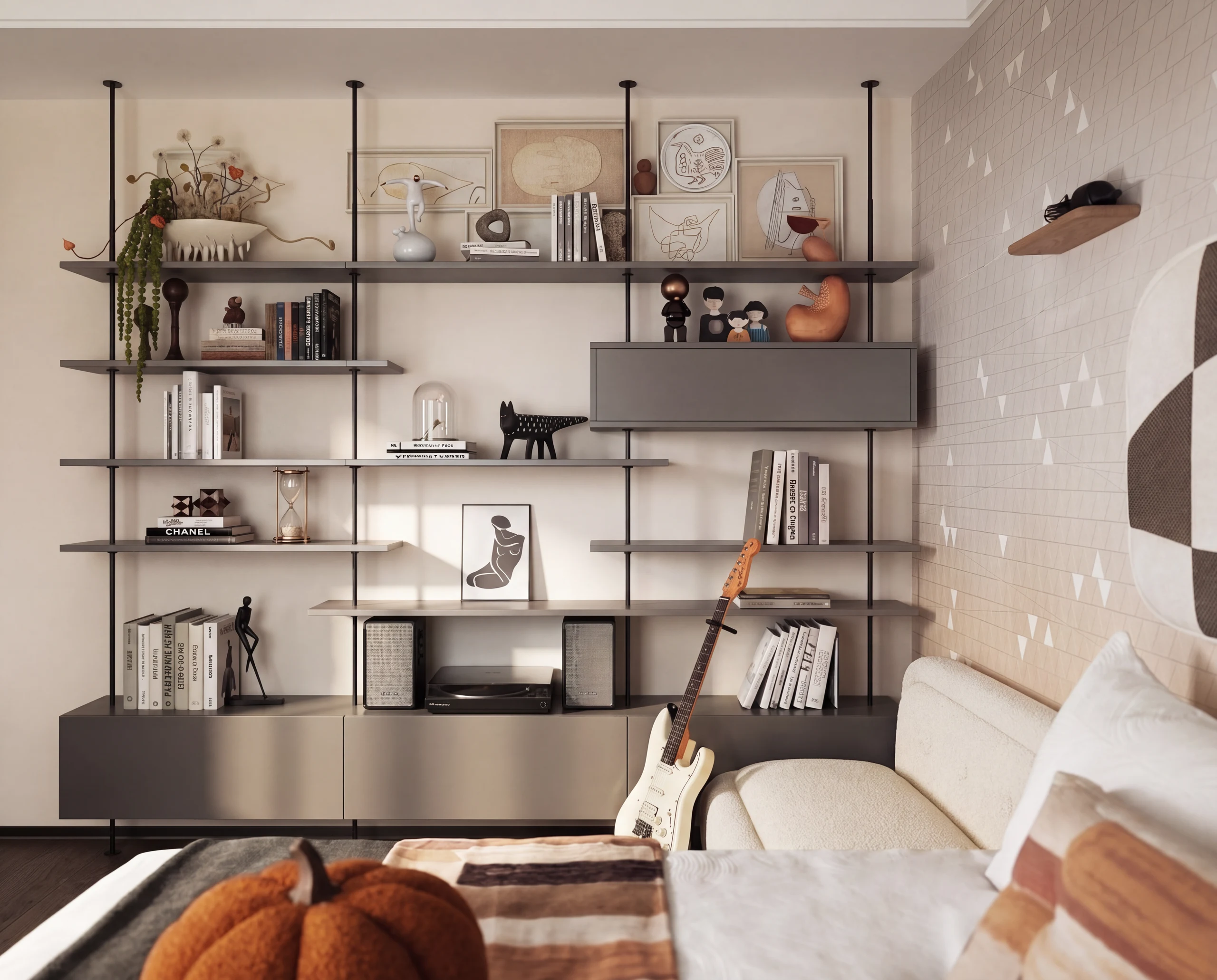 Third bedroom: a music corner with open shelving