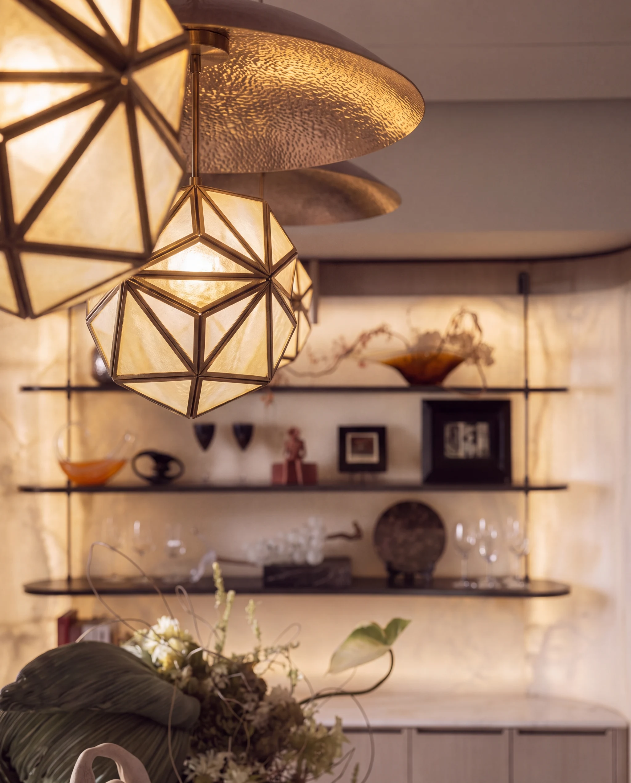 Detail: hammered brass and glass pendants