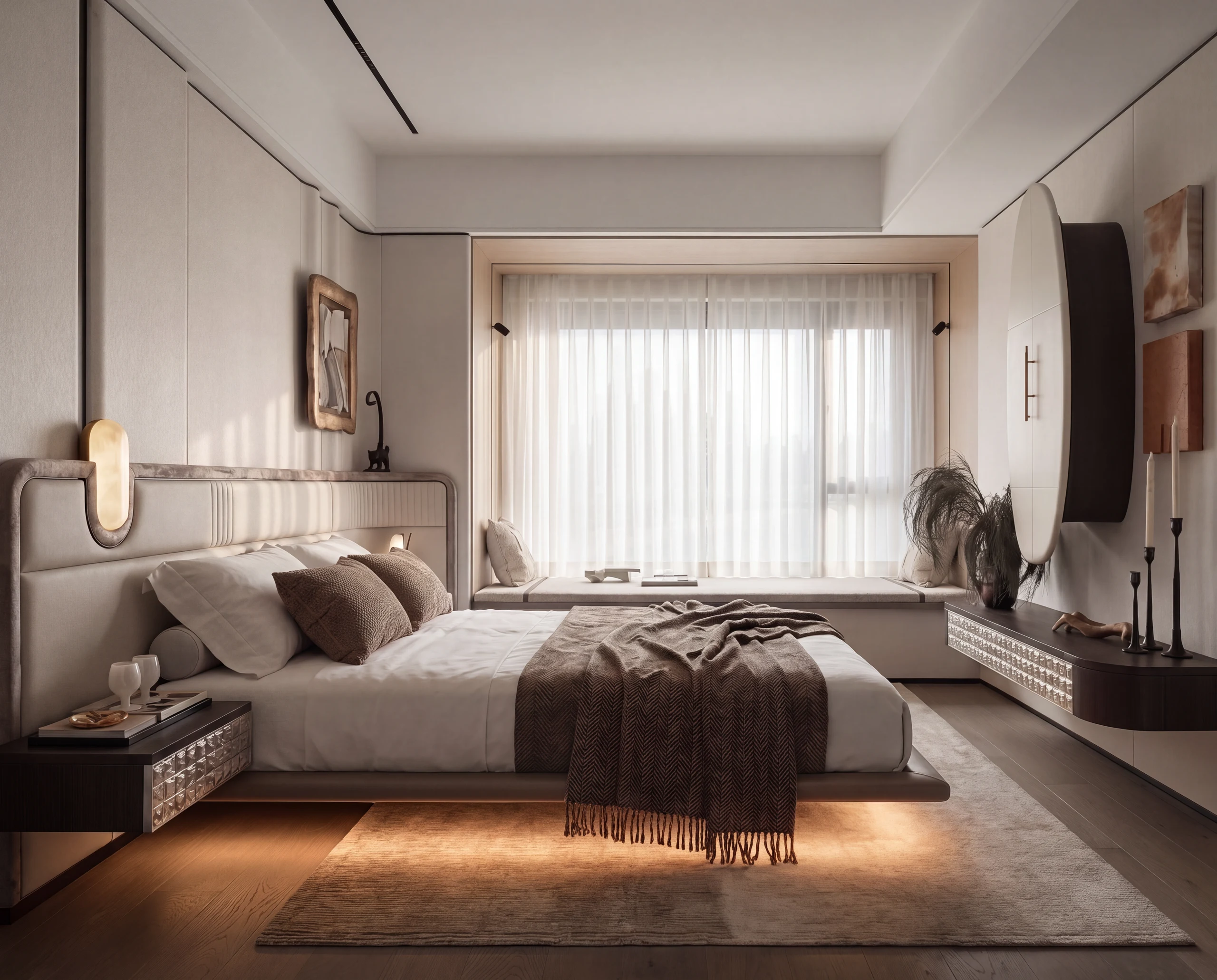 Master bedroom: a floating bed and a window seat