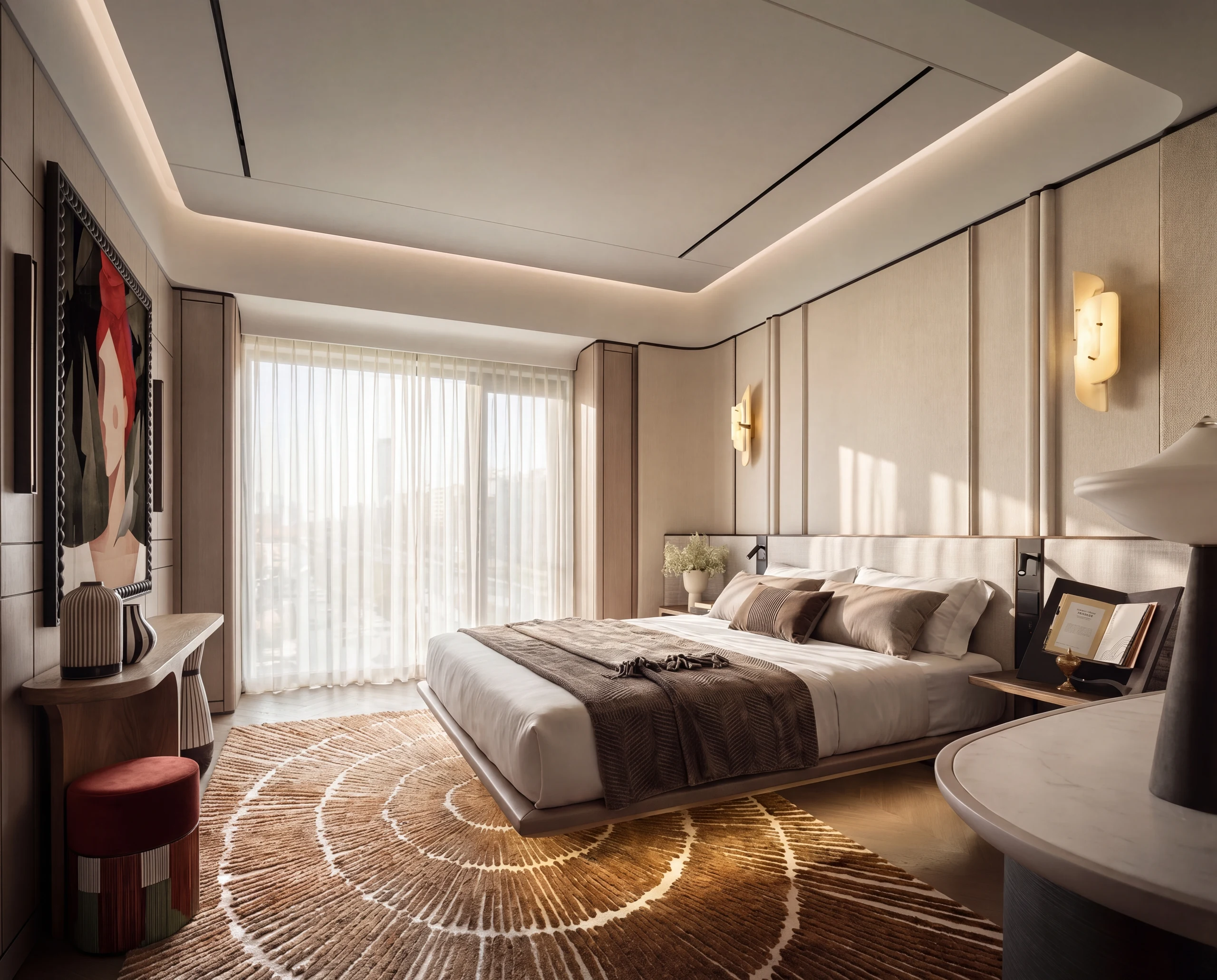 Guest bedroom with a radial wool rug