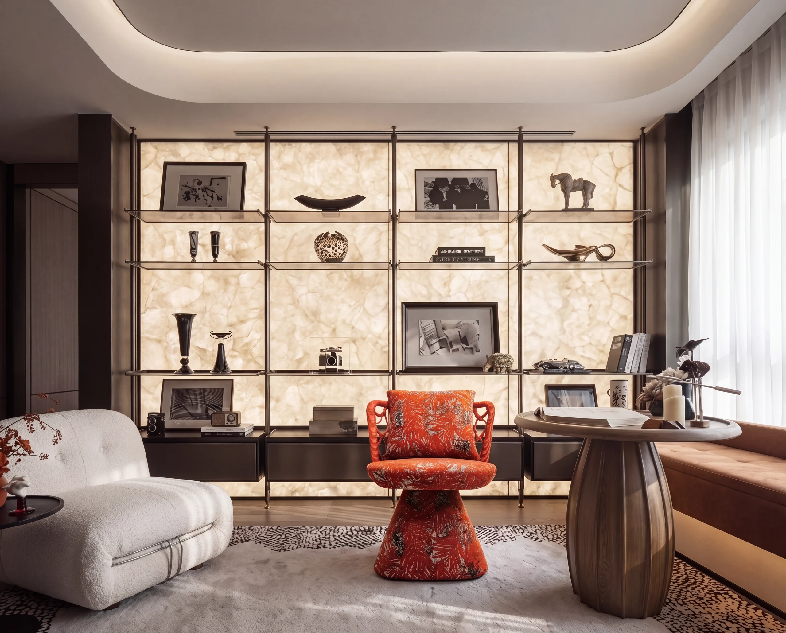 Onyx wall, bronze shelving and a red jacquard chair