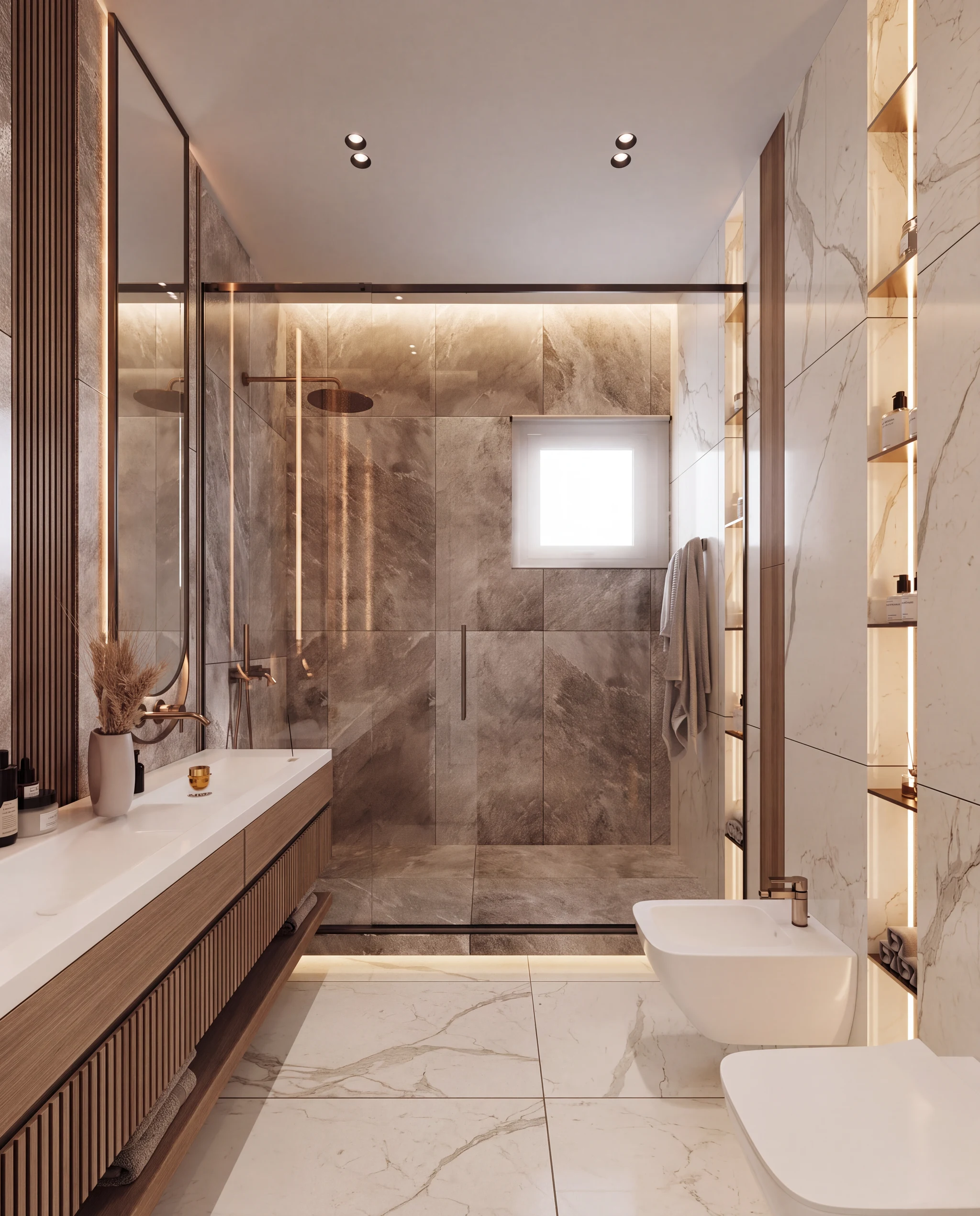 After: Bathroom: calacatta marble and warm grey stone