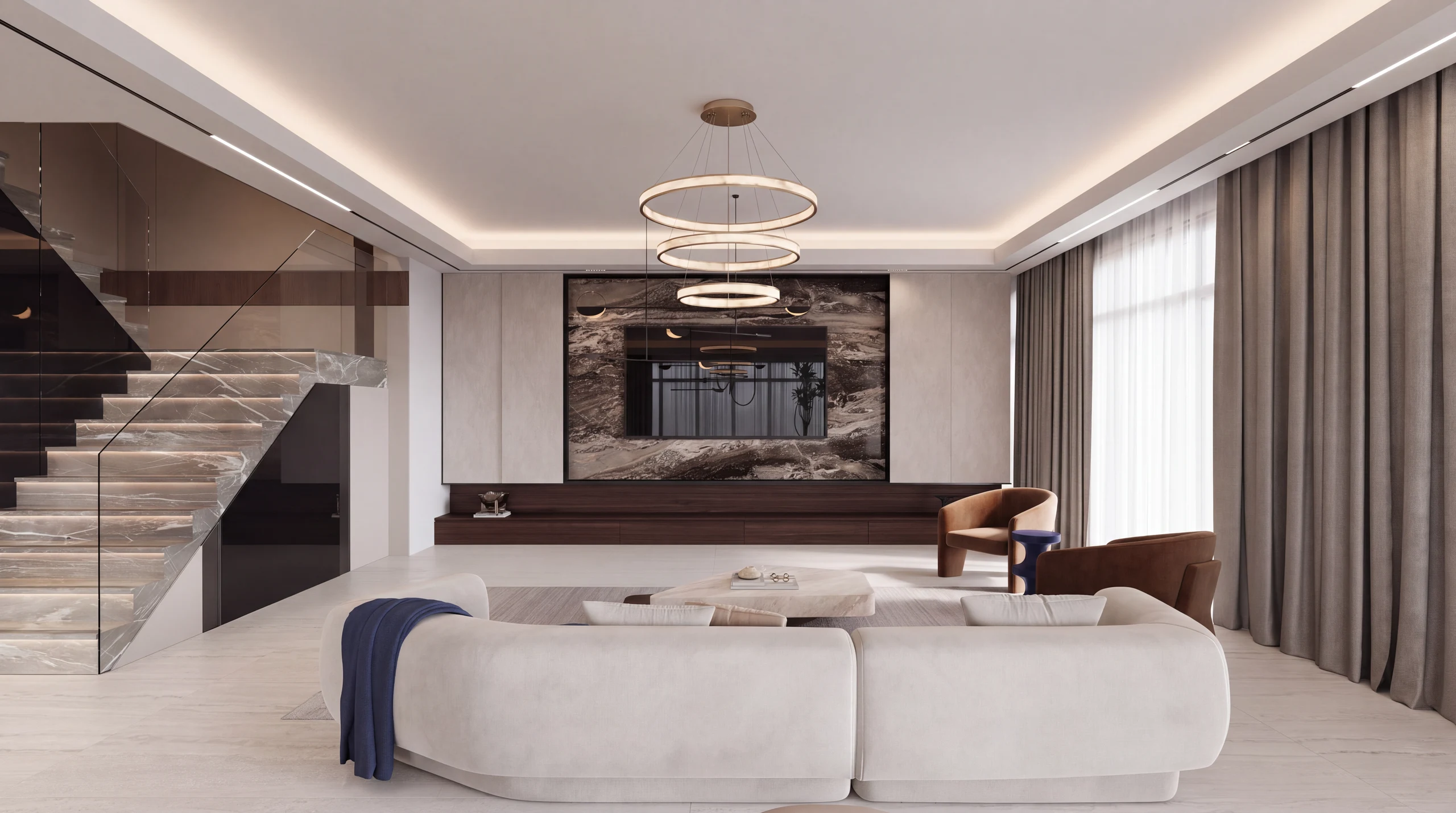 After: Living room: travertine, stone TV wall and alabaster rings