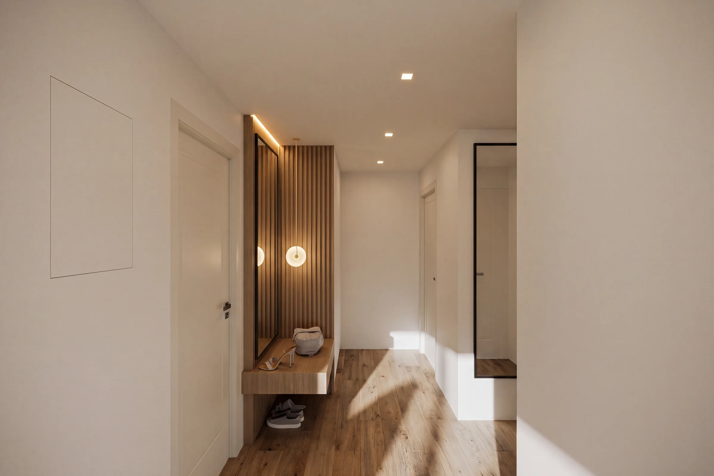 After: Foyer with fluted oak WPC wall and floating bench