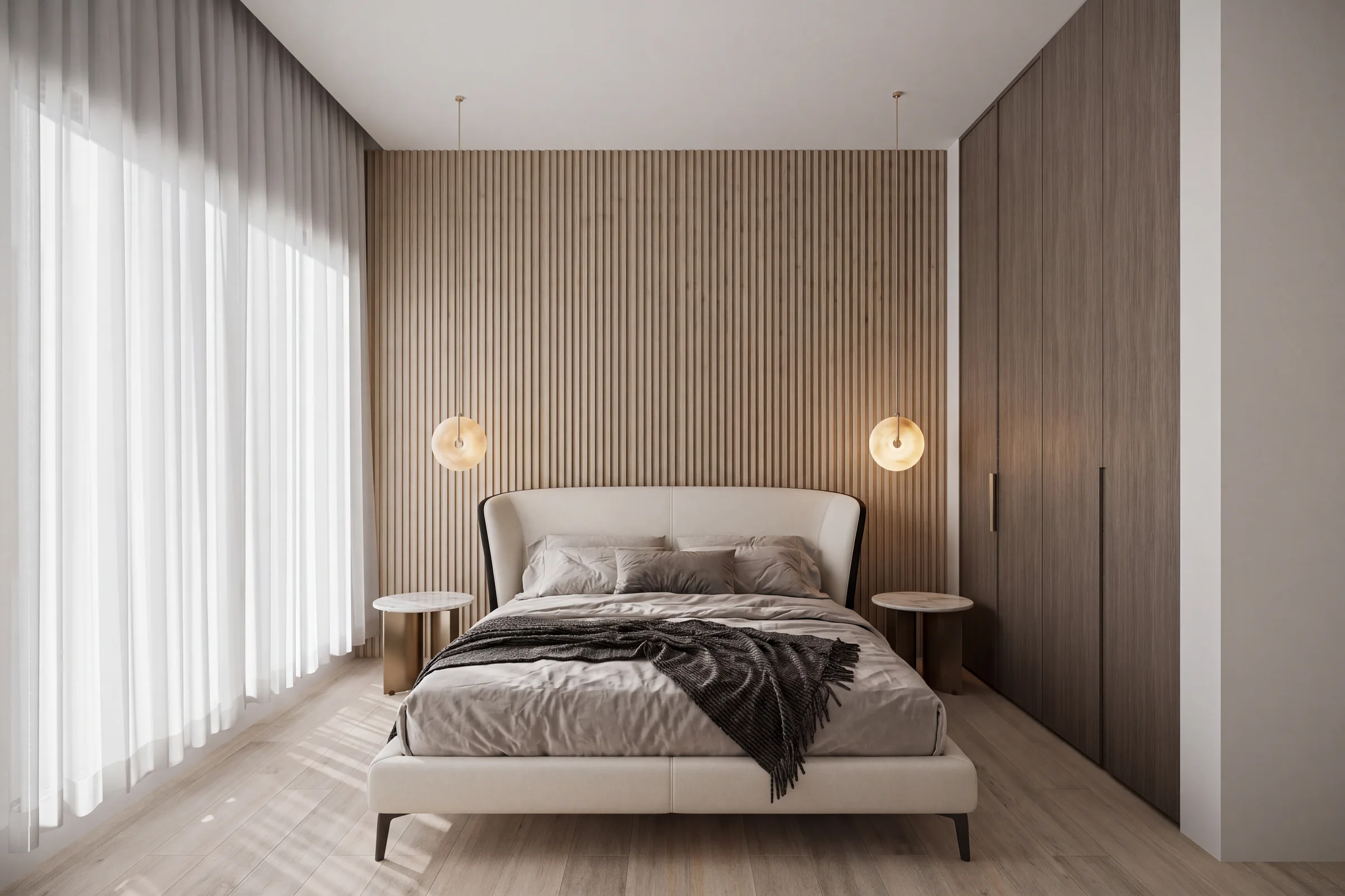 After: Second bedroom with fluted oak WPC wall