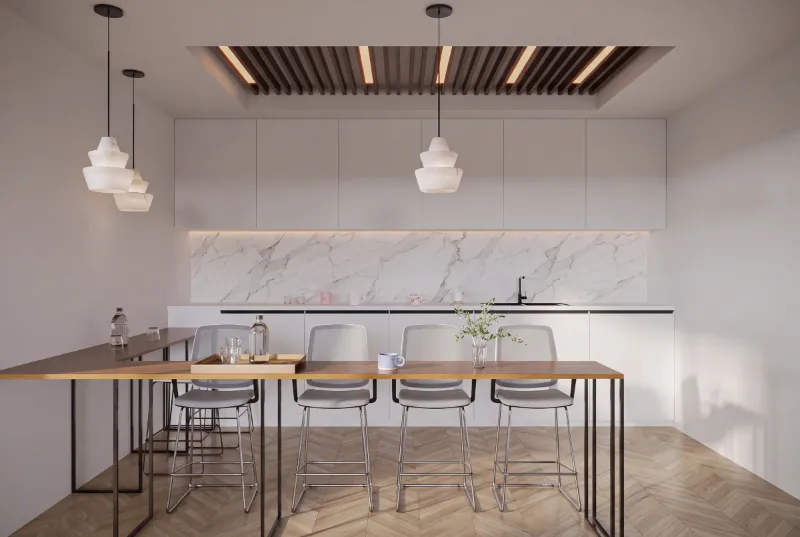 Pantry with a bar table and stone-finish backsplash
