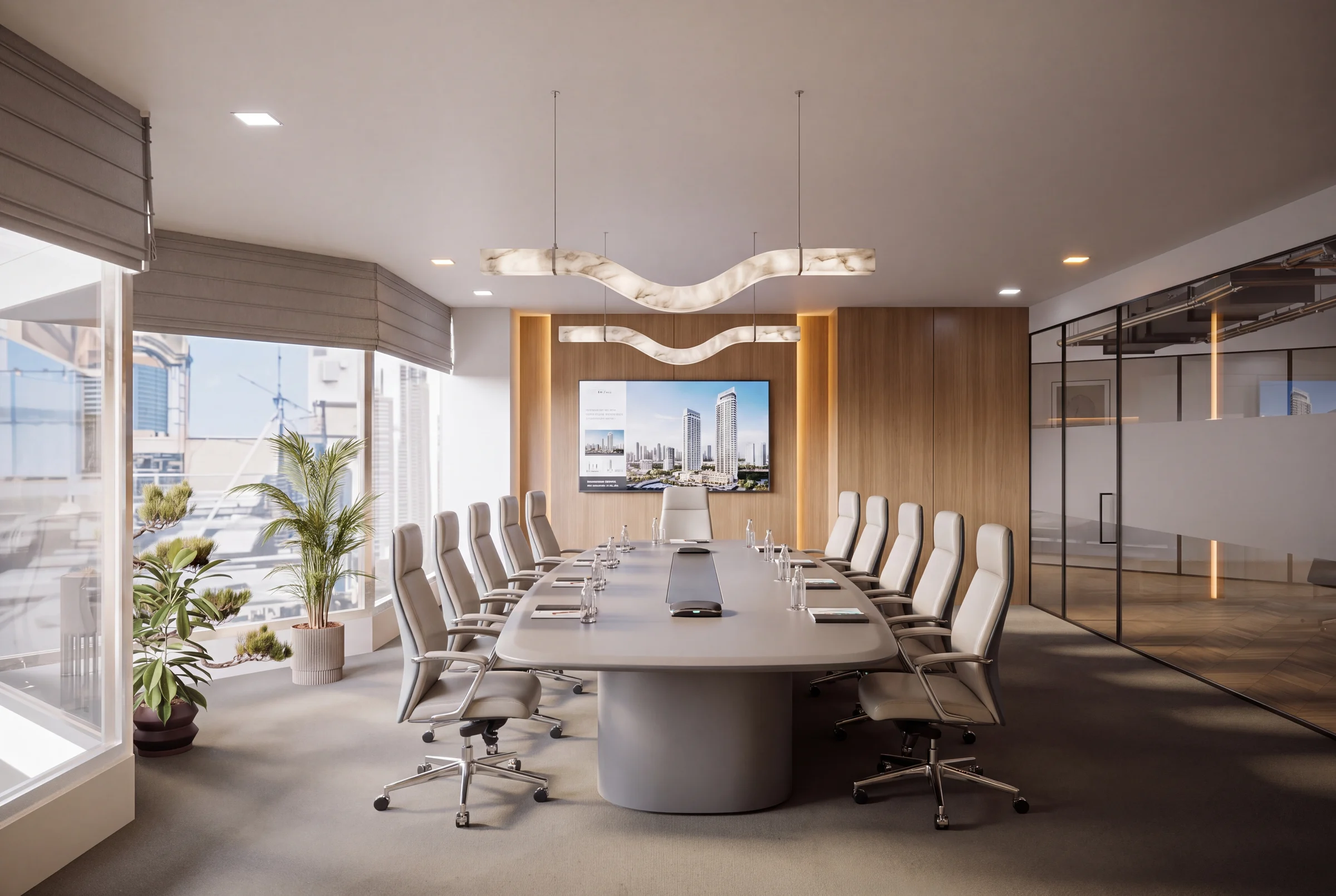 After: Boardroom with a wood-grain media wall