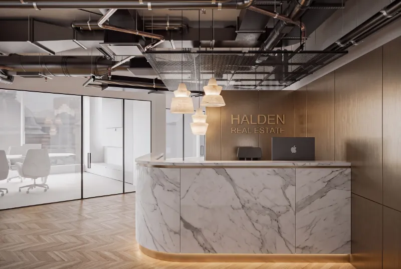 Reception with a curved marble desk and wood-grain wall panels