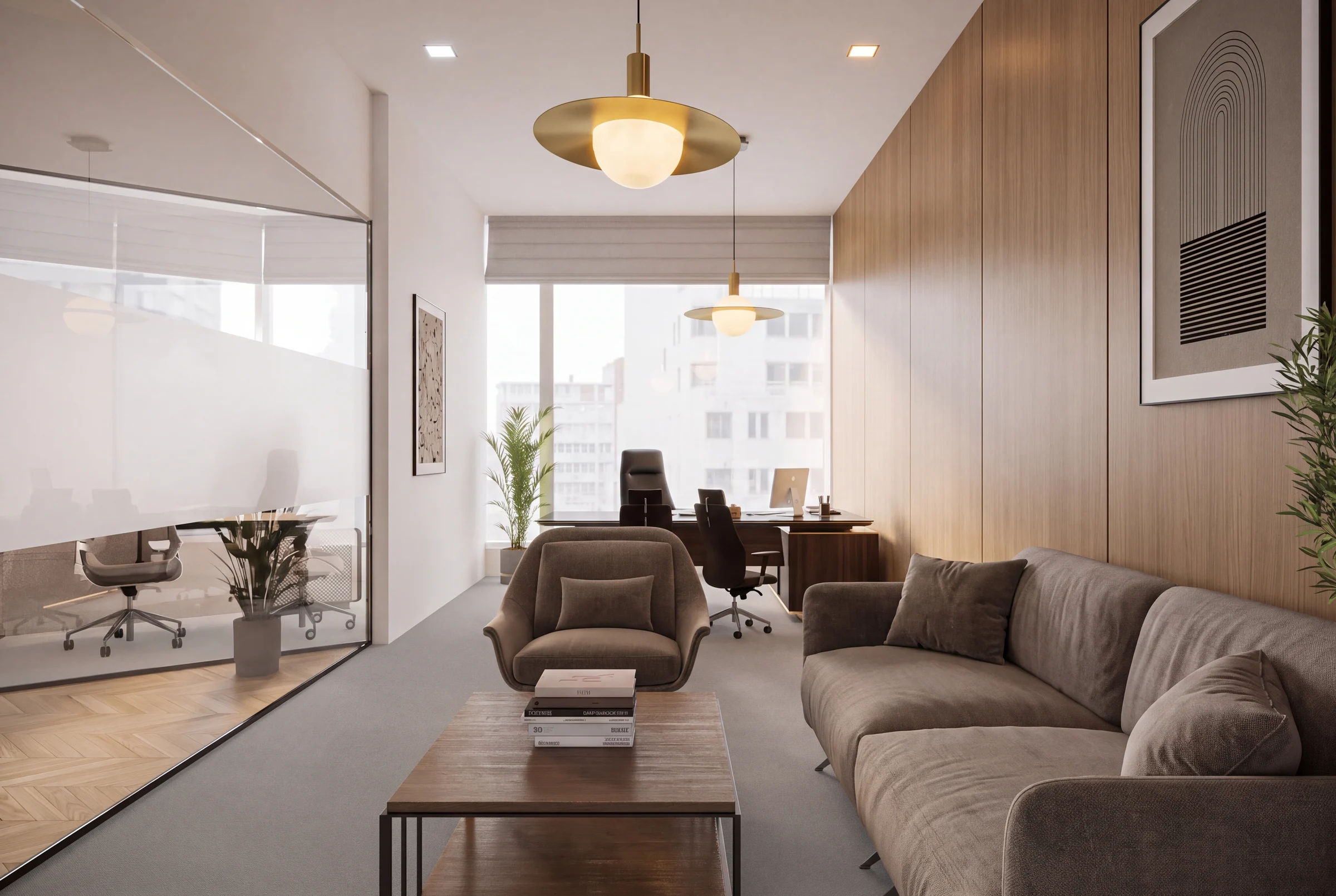 After: Manager office with a lounge corner