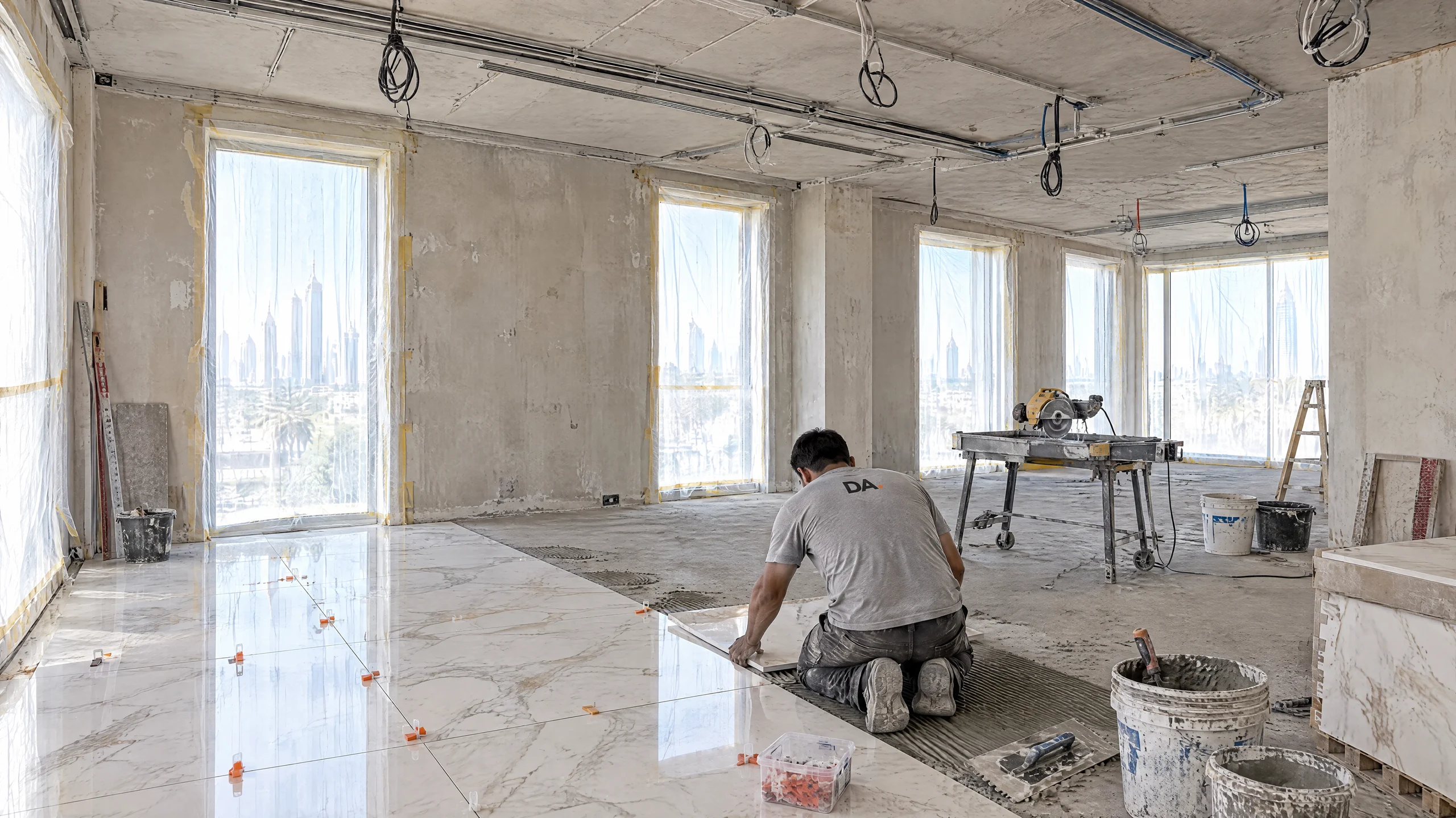 Before: Dining area during the works: large-format porcelain going down