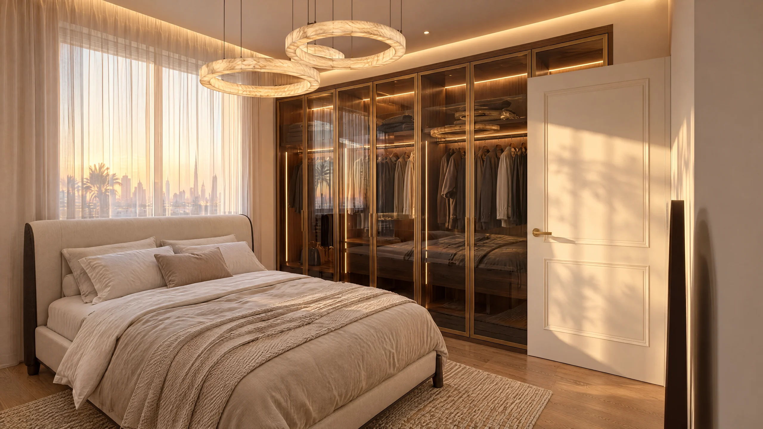 After: Master bedroom with walnut glass wardrobes