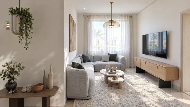 Family lounge with a light grey sectional and a low TV unit