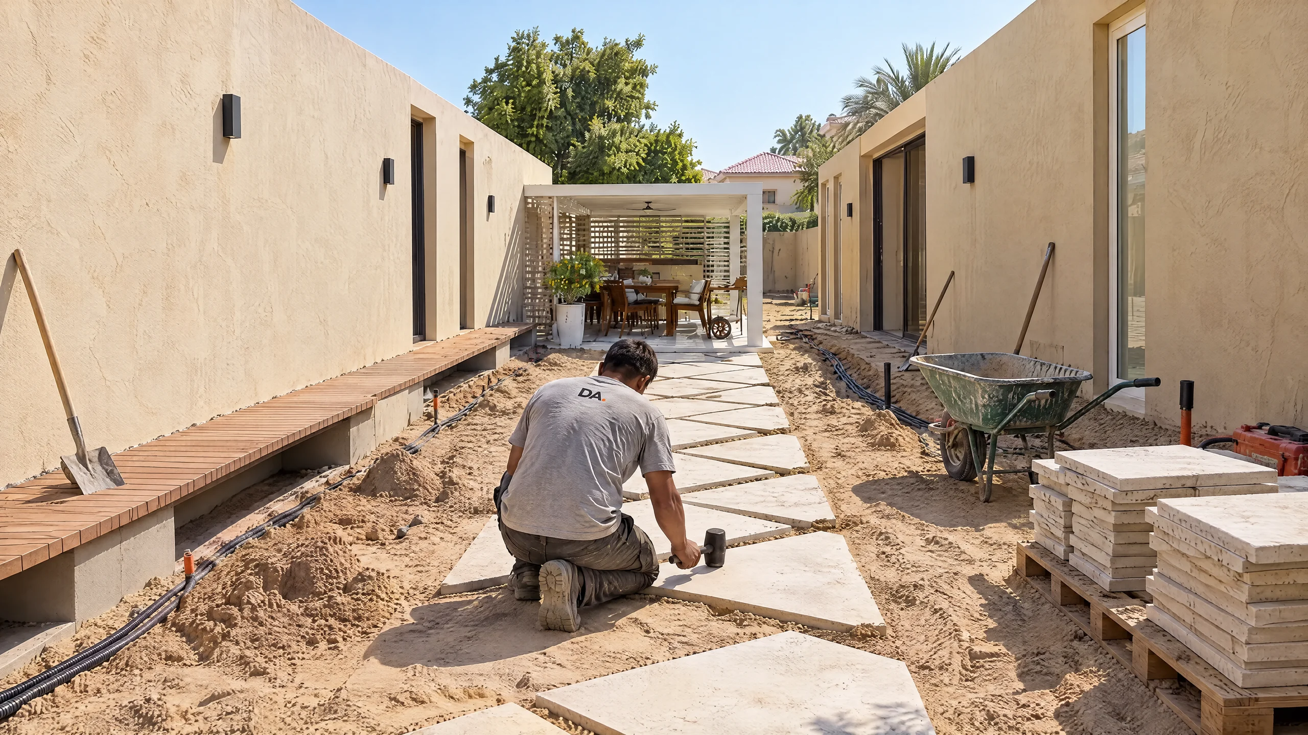 Before: Side garden during landscaping: irrigation and lighting trenches