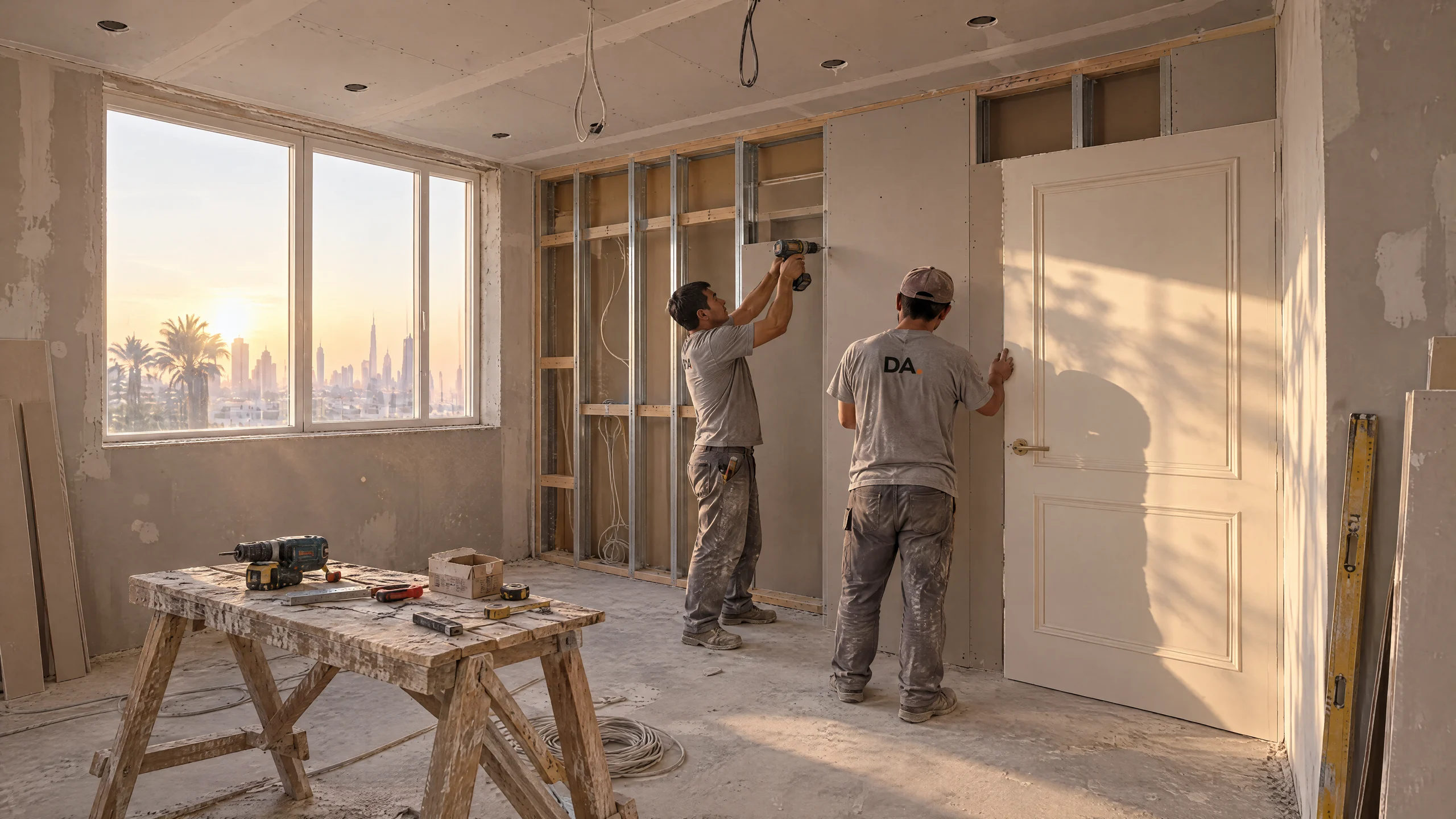 Before: Master bedroom during the works: wardrobe wall framing