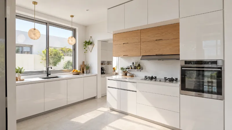 Kitchen in white lacquer and oak