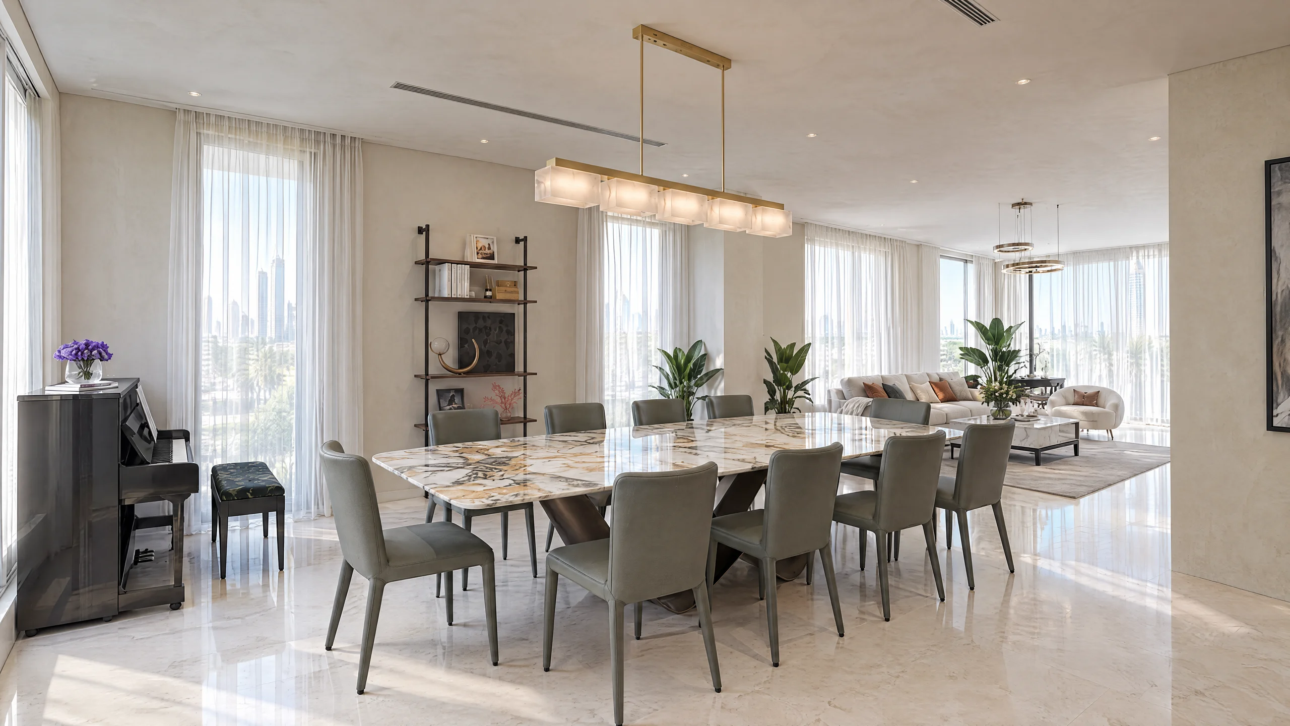 After: Dining room with a marble table and a linear pendant