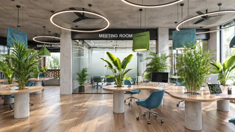 The coworking floor with felt acoustic pendants and ceiling fans inside the ring lights