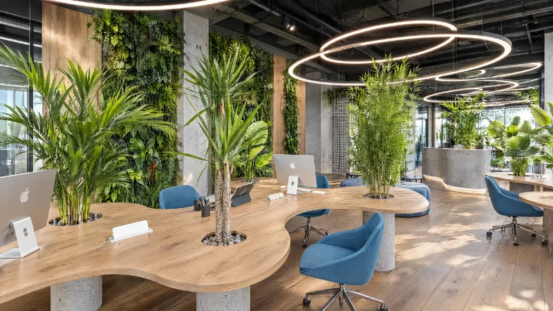 Open workspace: organic oak desks with built-in planters beside a living wall